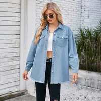 Designed   Foreign Trade Women's Clothing Independent Station  New Washed Frayed Denim Long Sleeve Lapel Top sku image 1
