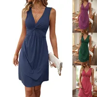 Women's Sheath Dress Elegant Vacation V Neck Pleated Sleeveless Solid Color Knee-Length Holiday Travel Daily main image 1