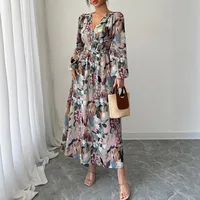 Women's Floral Dress Casual Elegant V Neck Pleated Long Sleeve Flower Maxi Long Dress Holiday Daily main image 2