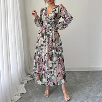 Women's Floral Dress Casual Elegant V Neck Pleated Long Sleeve Flower Maxi Long Dress Holiday Daily main image 4