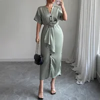 Women's Sheath Dress Elegant V Neck Short Sleeve Solid Color Maxi Long Dress Holiday Daily main image 2