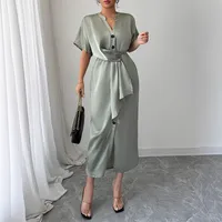 Women's Sheath Dress Elegant V Neck Short Sleeve Solid Color Maxi Long Dress Holiday Daily main image 1