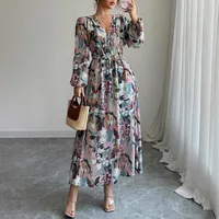 Women's Floral Dress Casual Elegant V Neck Pleated Long Sleeve Flower Maxi Long Dress Holiday Daily main image 1