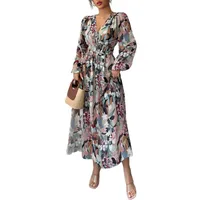 Women's Floral Dress Casual Elegant V Neck Pleated Long Sleeve Flower Maxi Long Dress Holiday Daily main image 5