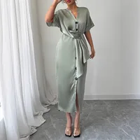 Women's Sheath Dress Elegant V Neck Short Sleeve Solid Color Maxi Long Dress Holiday Daily main image 3