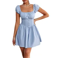 Women's Sheath Dress Elegant Square Neck Button Short Sleeve Solid Color Above Knee Holiday Daily main image 5