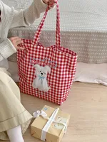 Cute Plush Puppy Embroidered Shoulder Bag Large Capacity Checked Canvas Bag Student Class Bag Autumn And Winter New Cloth Bag sku image 1