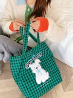 Cute Plush Puppy Embroidered Shoulder Bag Large Capacity Checked Canvas Bag Student Class Bag Autumn And Winter New Cloth Bag sku image 3