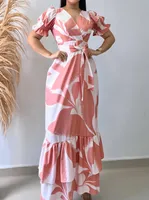 Women's Sheath Dress Casual Elegant V Neck Short Sleeve Printing Maxi Long Dress Holiday Daily sku image 3