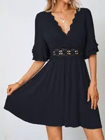 Women's T Shirt Dress Elegant Romantic V Neck Short Sleeve Solid Color Knee-Length Travel Date main image 3