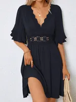 Women's T Shirt Dress Elegant Romantic V Neck Short Sleeve Solid Color Knee-Length Travel Date main image 1
