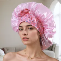 New   Hot Sale Wide-brimmed Long-tail Large Shower Cap Ribbon Printed Cap Large Color Ding Sleeping Hat main image 1