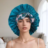 New   Hot Sale Wide-brimmed Long-tail Large Shower Cap Ribbon Printed Cap Large Color Ding Sleeping Hat main image 2