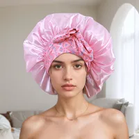 New   Hot Sale Wide-brimmed Long-tail Large Shower Cap Ribbon Printed Cap Large Color Ding Sleeping Hat main image 4