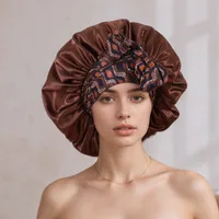 New   Hot Sale Wide-brimmed Long-tail Large Shower Cap Ribbon Printed Cap Large Color Ding Sleeping Hat sku image 5