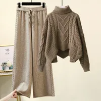 Fleece-lined Thickened Two-Piece Women's Autumn And Winter New High-Neck Twist Pullover Sweater Design Sense Daggedness Wide-Leg Pants main image 1