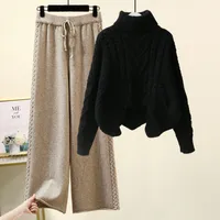 Fleece-lined Thickened Two-Piece Women's Autumn And Winter New High-Neck Twist Pullover Sweater Design Sense Daggedness Wide-Leg Pants main image 2