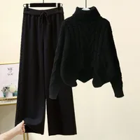 Fleece-lined Thickened Two-Piece Women's Autumn And Winter New High-Neck Twist Pullover Sweater Design Sense Daggedness Wide-Leg Pants main image 3