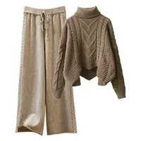 Fleece-lined Thickened Two-Piece Women's Autumn And Winter New High-Neck Twist Pullover Sweater Design Sense Daggedness Wide-Leg Pants main image 4