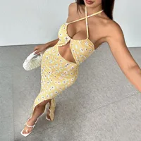 Foreign Trade Women's Wear Spring And Summer Independent Station Sling High Vents Daisy Printing Slim-fit Gentle Dress main image 1