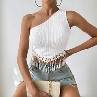 Export Women's Sexy One-Shoulder T-Shirt Summer New Tassel Design Short Navel-Baring Off-Shoulder Top main image 1