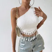 Export Women's Sexy One-Shoulder T-Shirt Summer New Tassel Design Short Navel-Baring Off-Shoulder Top main image 3