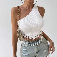 Export Women's Sexy One-Shoulder T-Shirt Summer New Tassel Design Short Navel-Baring Off-Shoulder Top main image 4