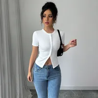 Export Women's Clothing  Summer New Style Simple Casual T-Shirt Slim Fit Short Crop Top sku image 3