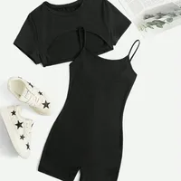 Europe And The United States  Hot Girls Suspenders Jumpsuit Fashion Suit Short Top Black Hip Pants Two-piece Set sku image 1