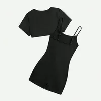 Europe And The United States  Hot Girls Suspenders Jumpsuit Fashion Suit Short Top Black Hip Pants Two-piece Set main image 3