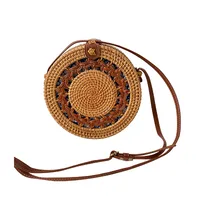 Rattan Bag Ins Crossbody Basket Retro Artistic Travel Hand-woven Shoulder Color Round Leather Buckle Bag main image 4