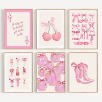 Foreign Trade Hot Explosions Pink Bow Cherry Disco Ball Denim Boots Bedroom Canvas Decorative Painting Frameless Core main image 2