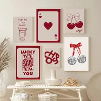 Vintage Fashion Red Bow Poker Love Cherry Living Room Bedroom Decoration Frameless Hanging Painting Poster main image 1