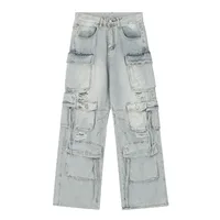 Jiayi Library Men's  Spring New American High Street RO Style Heavy Washed Multi-Pocket Jeans Wide Leg Pants sku image 4