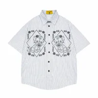 Jiayiku Men's  New American Style Antique Fashion Brand Cat Embroidered Striped Antique Shirt Short Sleeve Men And Women sku image 2