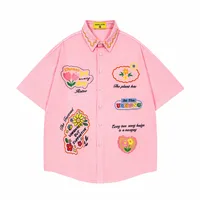 Jiayiku Trendy Brand  New American Style Antique Ins Trendy Fun Flower Embroidered Corduroy Shirt Short Sleeve main image 2