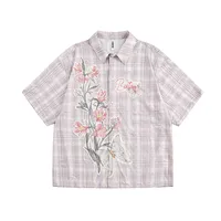 Jiayiku Tide Brand  New American-style Middle Ancient Ins Tide Hot Stamping Flower Old Plaid Shirt Short Sleeve For Men And Women main image 3