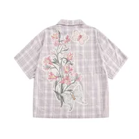Jiayiku Tide Brand  New American-style Middle Ancient Ins Tide Hot Stamping Flower Old Plaid Shirt Short Sleeve For Men And Women main image 4