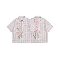 Jiayiku Tide Brand  New American-style Middle Ancient Ins Tide Hot Stamping Flower Old Plaid Shirt Short Sleeve For Men And Women main image 5