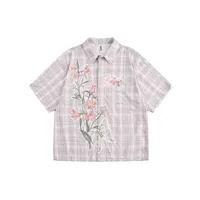 Jiayiku Tide Brand  New American-style Middle Ancient Ins Tide Hot Stamping Flower Old Plaid Shirt Short Sleeve For Men And Women sku image 3