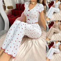 Hot-selling Home Clothes Printed Love V-neck Short-sleeved Pajamas Women's Outer Wearing Pants Two-piece Suit main image 1