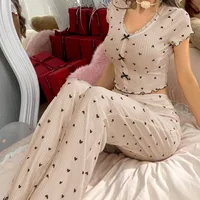 Hot-selling Home Clothes Printed Love V-neck Short-sleeved Pajamas Women's Outer Wearing Pants Two-piece Suit main image 4