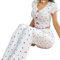 Hot-selling Home Clothes Printed Love V-neck Short-sleeved Pajamas Women's Outer Wearing Pants Two-piece Suit main image 5