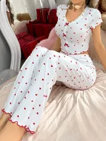 Hot-selling Home Clothes Printed Love V-neck Short-sleeved Pajamas Women's Outer Wearing Pants Two-piece Suit sku image 3