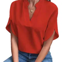 Foreign Trade Women's  Summer Casual Solid Color V-neck Loose Shirt Top Women main image 5