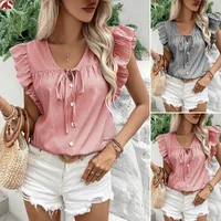 Foreign Trade Top Women's   Summer V-neck French Strap Lotus Leaf Sleeve Loose Sweet Striped Shirt main image 1