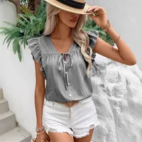 Foreign Trade Top Women's   Summer V-neck French Strap Lotus Leaf Sleeve Loose Sweet Striped Shirt main image 2