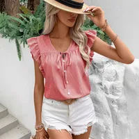 Foreign Trade Top Women's   Summer V-neck French Strap Lotus Leaf Sleeve Loose Sweet Striped Shirt main image 3