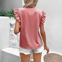 Foreign Trade Top Women's   Summer V-neck French Strap Lotus Leaf Sleeve Loose Sweet Striped Shirt main image 4