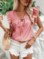 Foreign Trade Top Women's   Summer V-neck French Strap Lotus Leaf Sleeve Loose Sweet Striped Shirt sku image 2